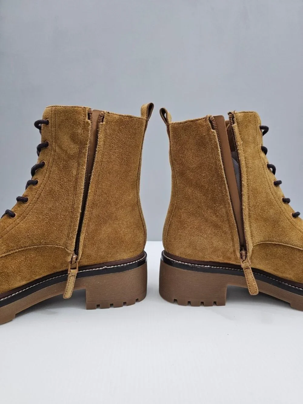 Tory Burch Miller 50mm Lug Sole Bootie Womens 9.5 Tan Suede Lace Up Combat NEW